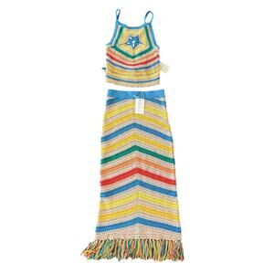 Mother Candy Stripe Cinch Tank Halter Top Fringe Midi Skirt Set size S NEW Tags